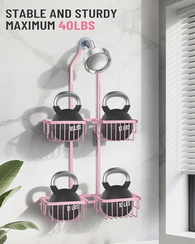 Adjustable Shower Caddy Hanging for Handheld Showerheads - Never Rust Shower Hanging Organizer, Upgraded Bathroom Shower Rack with Soap Basket, Hooks and Toothbrush Holder (Pink) - Image 7