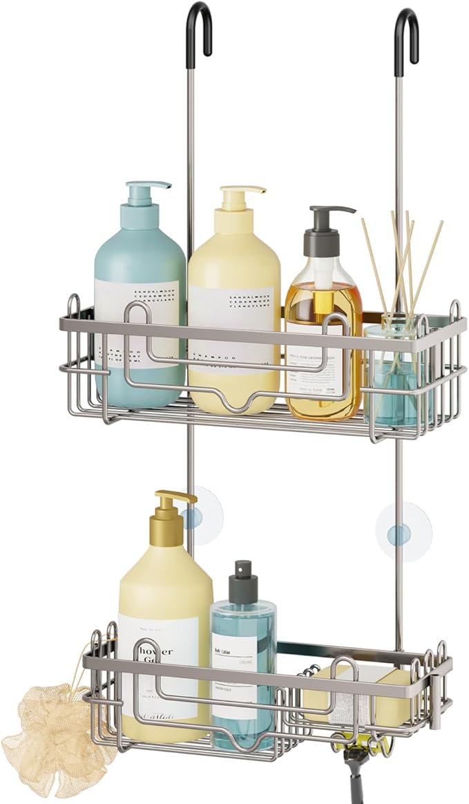 Consumest Over the Door Shower Caddy - 2-Tier Hanging Shower Organizer with Soap Holder, Rustproof Bathroom Storage and Organizer Rack for Shampoo, Towels, and Toiletries, Sand Nickel by Consumest