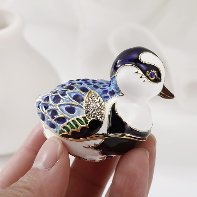 Hand Painted Enamel Duck Trinket Box for Home Decor, Hinged Jewelry Organizer for Ring Earrings, Unique Figurine Keepsake Collectible Personalized Elegant Handmade Ornament Gifts (Blue Cartoon Duck) - Image 5