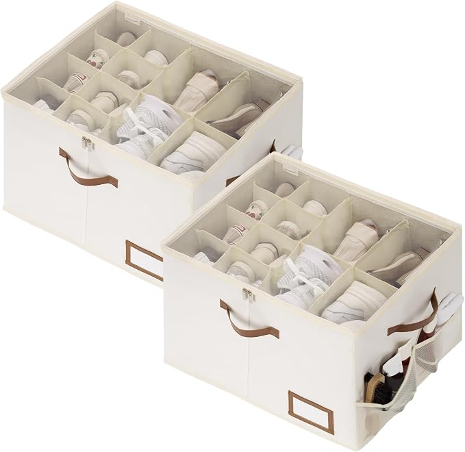 StorageWorks Shoe Organizer for Closet, 2 Pack Shoe Storage Boxes with Clear Lid, Stackable Shoe Storage Organizer for Sandals and Slippers, Fabric Shoe Bins for Closet, Holds 16–32 Pairs, Beige by StorageWorks