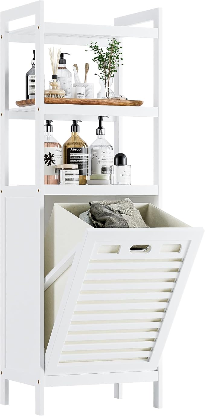 HITNET Bamboo Tilt Out Hamper, 10 Gal Bathroom Laundry Cabinet with Hidden Foldable Basket, Freestanding Clothes Storage Organizer with Storage Shelf, White by HITNET