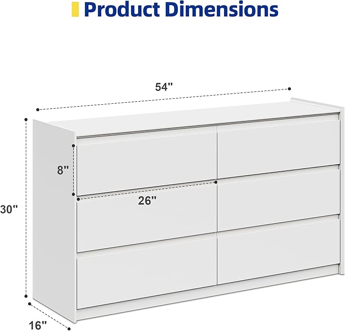 White Dresser for Bedroom, 54" Wide 6 Drawer Double Dresser, Modern Matte Wood Chest of Drawers with Anti-Tip Kit, Sturdy Storage Organizer for Closet, Living Room & Hallway, Handle-Free