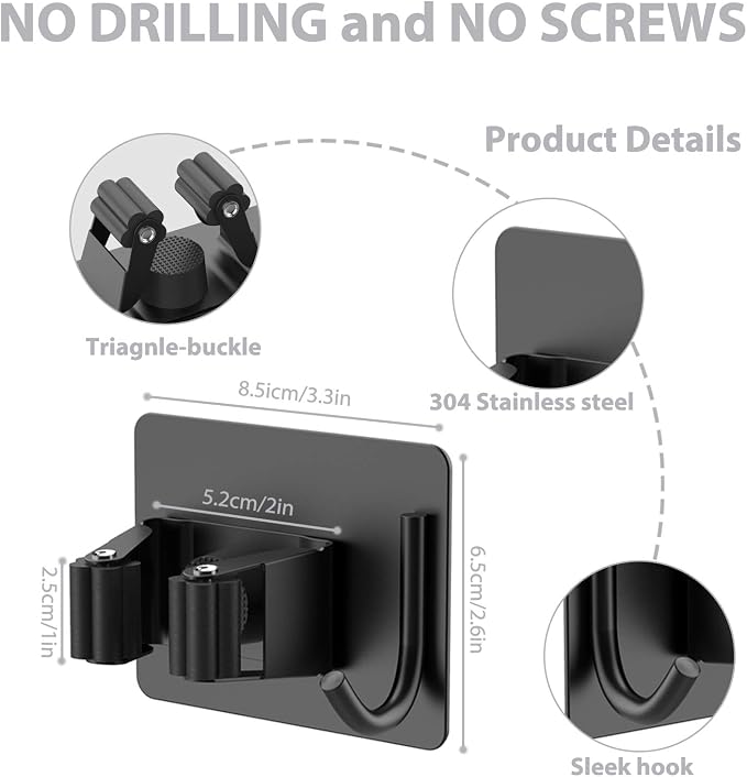 homeasy Mop Broom Holder No Drill, Mop Broom Organizer Wall Mounted Heavy Duty with Hooks Hanger, Self Adhesive Stainless Steel 6Pcs for Bathroom, Kitchen, Office (Black) - Image 4