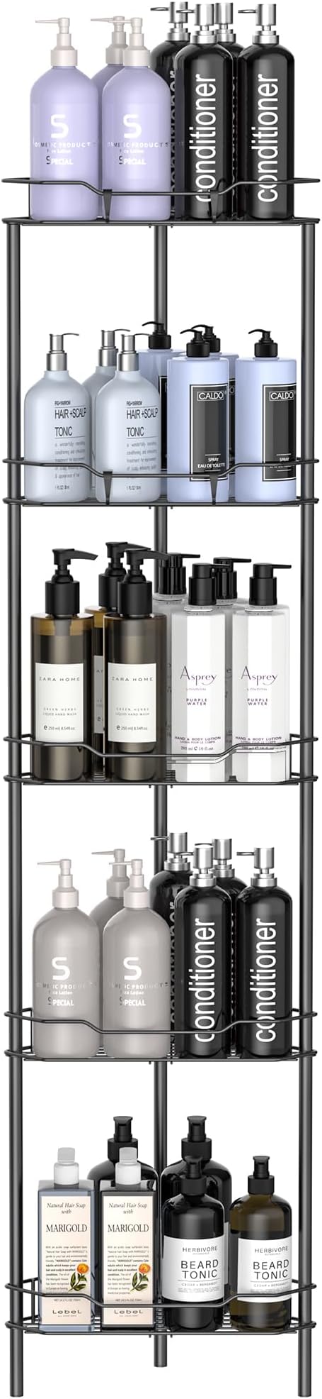 HuggieGems 5 Tier Floor Standing Corner Shower Caddy Organizer Shelf with Hooks, Bathroom Shelves Stand Rack, Matt Black by HuggieGems