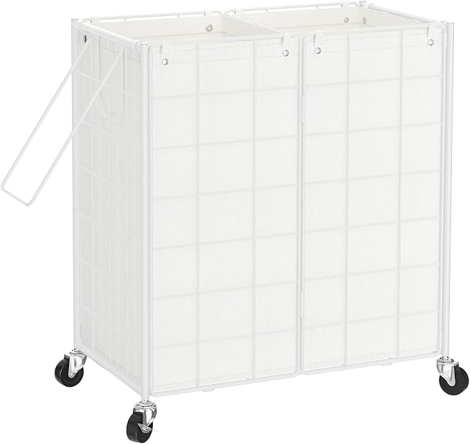 WOWLIVE Double Laundry Hamper with Wheels,Metal Wire Frame Rolling Laundry Basket with 2 Removable bags,120L Dirty Clothes Hamper Organizer Dorm Room Storage for Bedroom,Bathroom,White by WOWLIVE