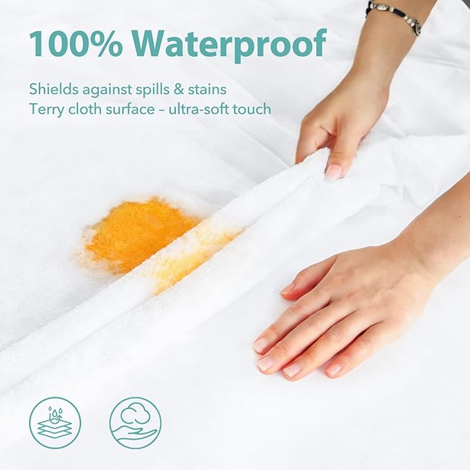 Twin Mattress Protector Waterproof- Washable Mattress Cover Twin Size Fitted Bed Pad Noiseless Plastic Protection Up to 18” Allergy Mattress Protector Soft&Breathable（White）