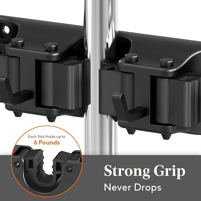 Lifewit Mop and Broom Holder Wall Mount, Anti-Slip Broom Hanger for Cleaning Supplies Organizer, Easy Install Tool Hanging Rack for Closet, Kitchen, Garage, 5 Slot 6 Hooks, Hold 30lbs, Black, 2 Pack - Image 2