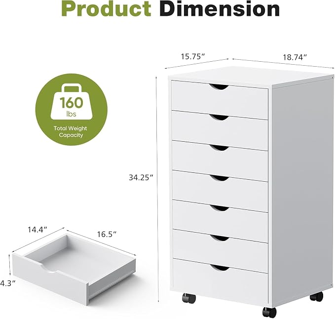 7 Drawer Mobile File Cabinet Under Desk Storage Organization with Wheels Vertical Filing Chest Rolling Wood Small Desk Printer Stand for Home Office, White - Image 3