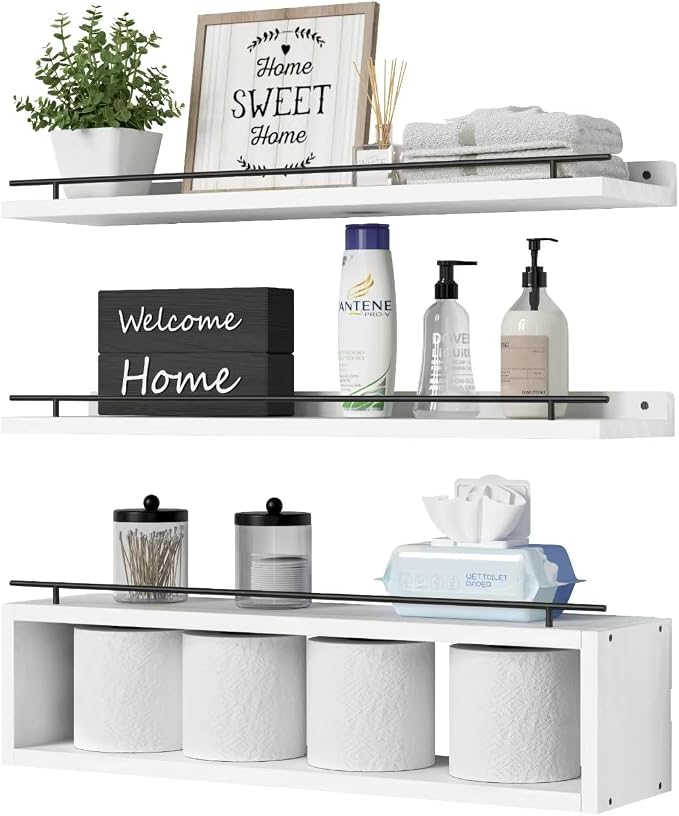 WOPITUES Floating Shelves for Wall 24 inch with Cube Shelf, Wall Shelves with Metal Rail for Bathroom Decor, Bathroom Organizers and Storage, Over Toilet Shelves, Toilet Paper-White by WOPITUESOfficial