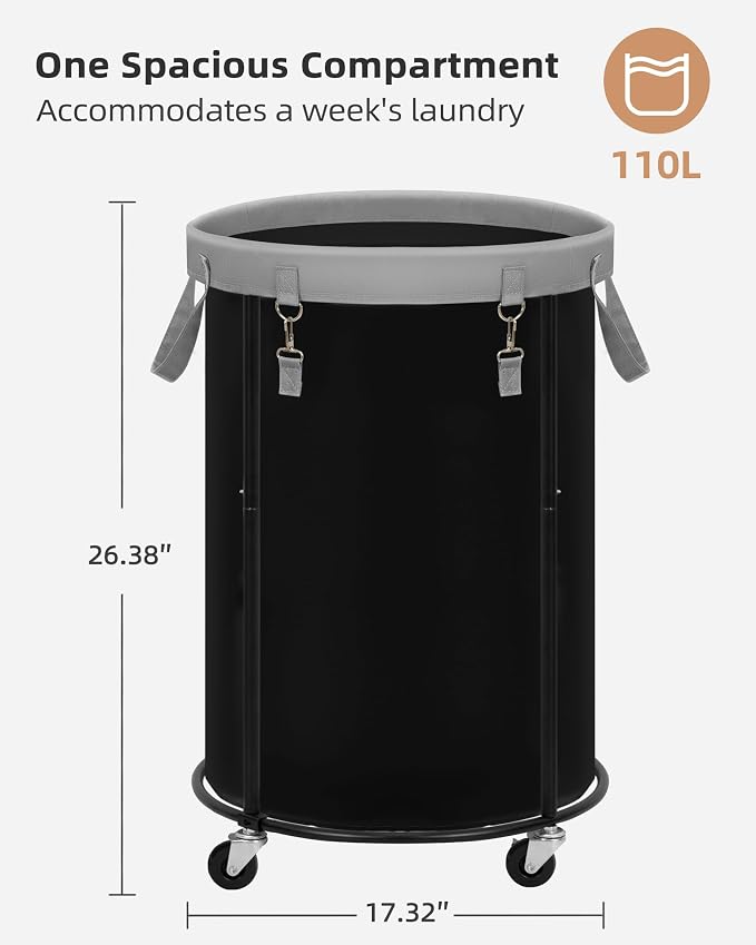 STORAGE MANIAC Rolling Laundry Hamper with Wheels 110L Laundry Basket, Round Laundry Cart with Metal Frame and Removable Bag, Clothes Hamper for Bedroom, Bathroom, Dorm Room, Laundry Room, Black - Image 2