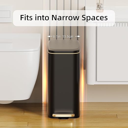 KSSKSS Small Bathroom Trash Can with Lid Soft Close, Step Pedal, 6L / 1.6 Gal Stainless Steel Garbage Bin with Removable Inner Bucket, Slim Wastebasket for Narrow Spaces (Black) - Image 2