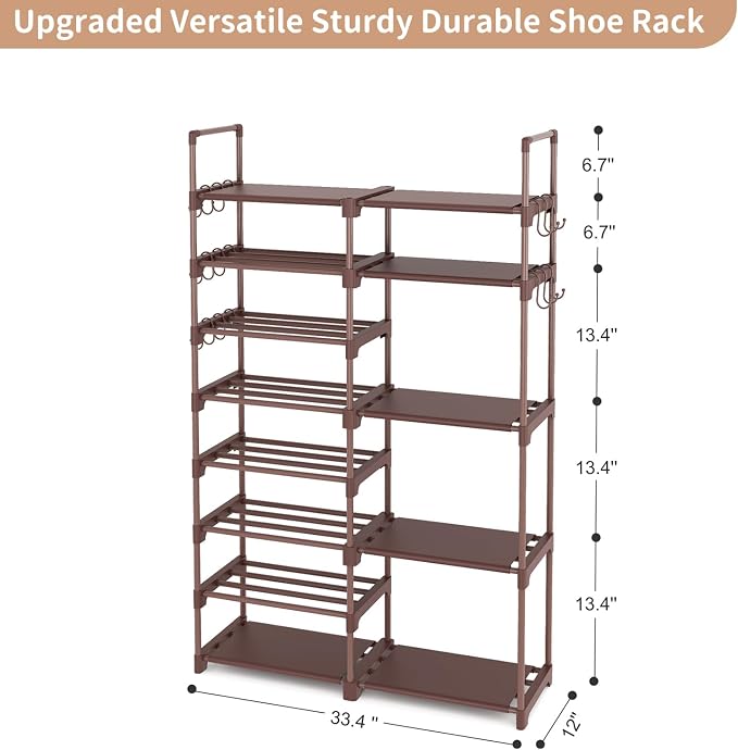 ROJASOP Shoe Rack Organizer, 8-Tier Metal Shoe Rack for Closet Entryway Garage, 26-32 Pairs Tall Shoe Boot Storage Shelf with 15 Hooks, Stackable Large Shoe Stand, Brown - Image 3