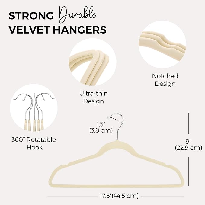 HOUSE DAY Premium Velvet Hangers 100 Pack Beige, Non-Slip Flocked Felt Hangers, Sturdy Clothes Hanger with 360° Rotatable Hook, Heavy Duty Durable Slim Coat Hanger for Closet Space Saving - Image 7