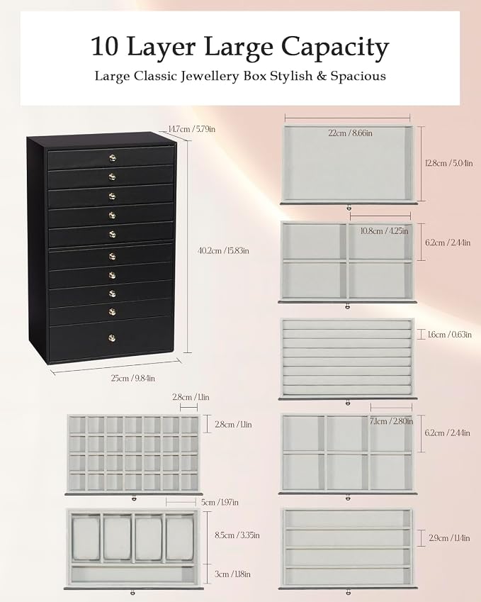 GUKA Large Jewelry Box, Jewelry Case with 10 Drawers for Big and Small Jewelry, Jewelry Storage Organizer for Watch Earrings Necklace Rings Bracelets, Birthday Wedding Gifts, Black - Image 6