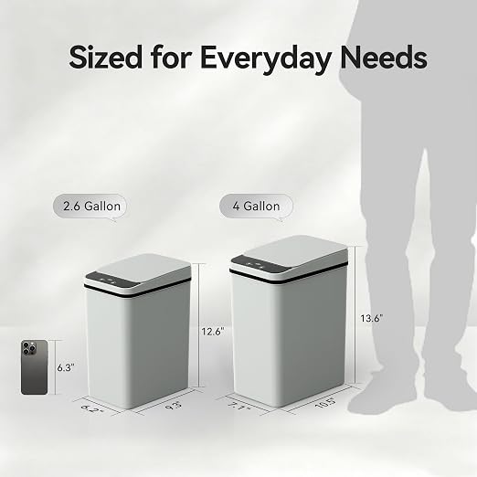 FRESHLIX Bathroom Trash Can 2.6 Gallon Automatic Small Garbage Can with Lid, Slim Motion Sensor Plastic Narrow Trash Bin for Bedroom, Kitchen, Office (A-Basic Battery Supply-Grey, 1 Pack(2.6 Gallon)) - Image 3