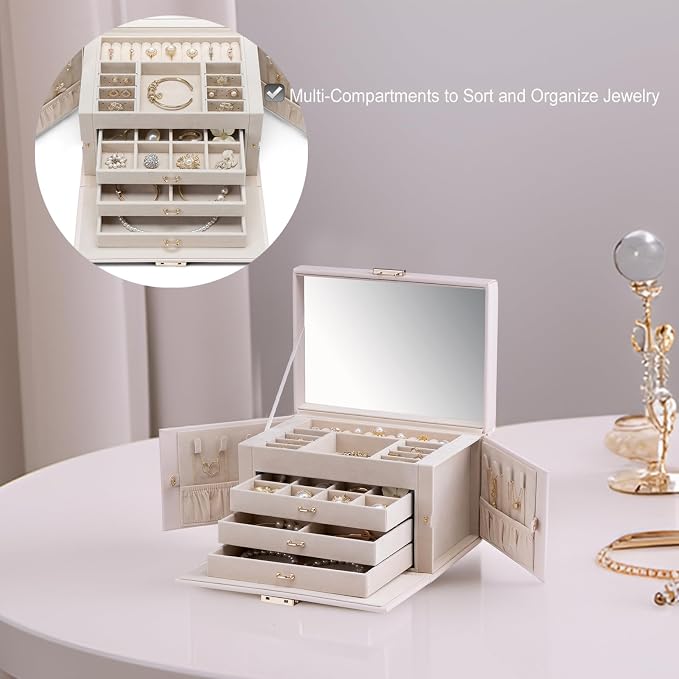 Vlando Lockable Jewelry Box Organizer with Key, 3-Tiered Storage Tray for Necklaces Earrings Rings Bracket Accessories Storage Display, Full HD-Mirror, Pink Beige - Image 3