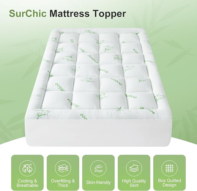 Twin XL Size Mattress Topper Viscose Derived from Bamboo, Soft Thick Pillow Top Mattress Pad Cover for Back Pain, Cooling Mattress Protector with 8-21 Inch Deep Pocket, White