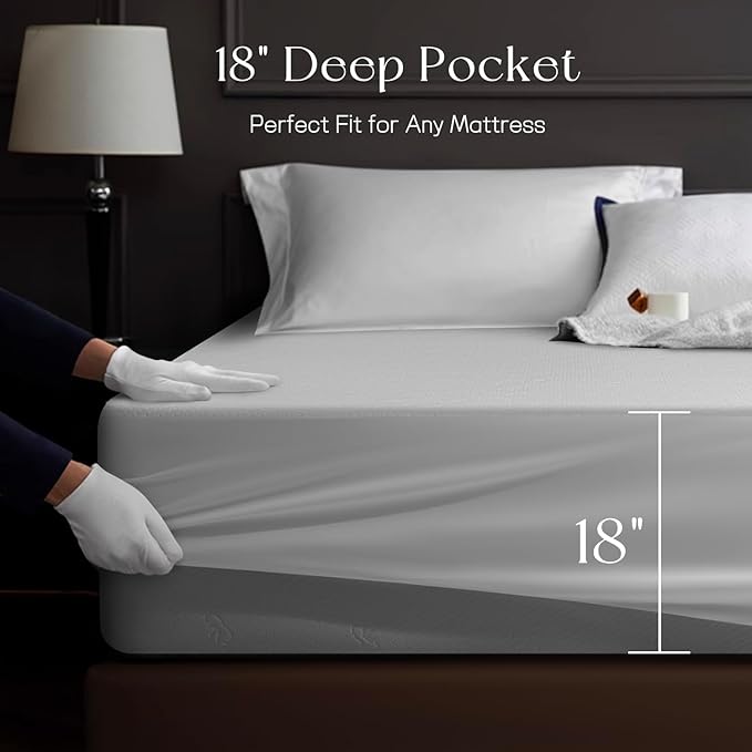 Queen Mattress Protector Tencel Luxury 100% Waterproof Mattress Protector,Silky Soft & Breathable,Noiseless Cooling Mattress Pad Cover Fitted 18" Deep Pocket(White,60"x80")