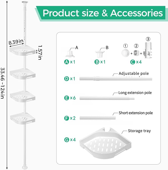 shuang qing 4-Tier Corner Shower Caddy Tension Pole Organizer - Adjustable Rustproof Metal Tension Pole, Plastic Shelves with Safety Guardrail, Bathroom Storage for Shower & Bathtub(White) - Image 2