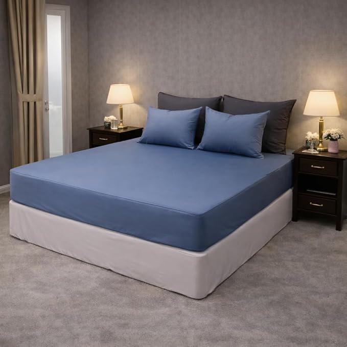 100% Cotton Single Layer Mattress Cover King Size, Elastic Mattress Cover, Stretches Up to 16 Inches Deep, Cozy, Absorbent, Easy to Replace, Machine Washable (6 Colors) (Navy, King)