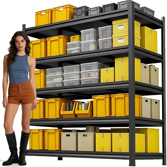 72''H Garage Shelving, 5 Tier Heavy Duty Shelving, Garage Storage Shelves, 3000 lbs Capacity Adjustable Standing Shelf and Thickened Double-Layer Posts for Garage,Warehouse,Basement, Black by FlyDzrewtGarageShelving