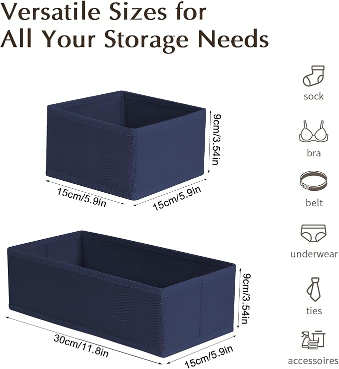 DIMJ Drawer Organizers Clothes, Set of 12 Dresser Organizer Bins, Fabric Closet Organizers and Storage, Shallow Drawer Dividers for Nursery, Clothing, Baby Clothes, Socks, Underwears, Tie (Navy Blue) - Image 2