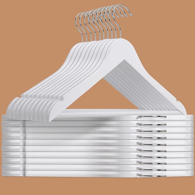 Amber Home 20 Pack White Wooden Coat Hangers, White Wood Suit Hangers with Non-Slip Pant Bar, Clothes Hangers for Closet Organization, Shirts, Jackets, Dresses, and Pants (White, 20) by AmberHome