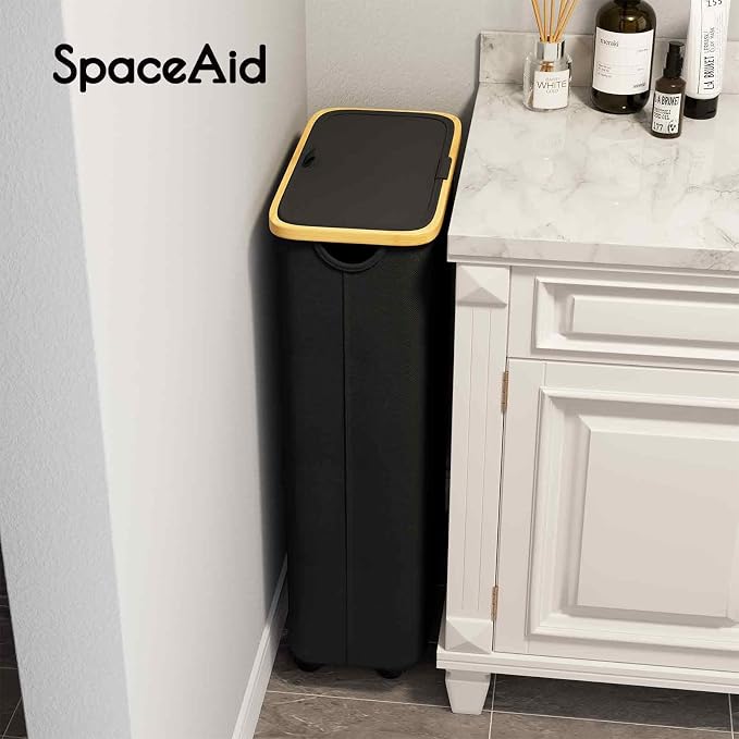 SpaceAid Slim Laundry Hamper with Wheels and Lid,62L Rolling Narrow Clothes Basket with Bamboo Handle, Large Laundry Hamper for Bedroom, Bathroom, Dorm, Laundry Room - Black - Image 4