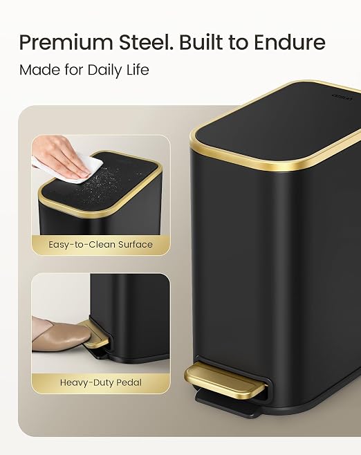 Cesun Small Bathroom Trash Can with Lid Soft Close, 5 Liter/1.3 Gallon Stainless Steel Garbage Can with Removable Inner Bucket, Step Pedal, Slim Waste Basket for Toilet, Office, Bedroom (Black&Gold) - Image 4