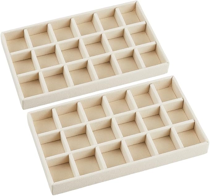 2Pcs 5 x 8.3 Inch Jewelry Box Tray Velvet Jewelry Drawer Insert Antique White 18 Grids Divided Stackable Necklace Storage Container Dresser Drawer Case for Earring Rings Display Showcase by SOFPLATE