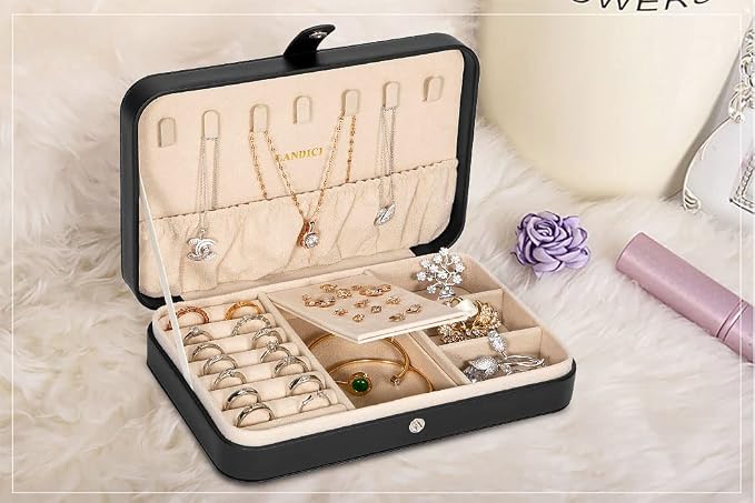 LANDICI Small Jewelry Box for Women Girls, PU Leather Travel Jewelry Case, Portable Jewelry Organizer Storage Holder Display for Ring Earrings Necklace Bracelet Bangle Men Kids Gift, Black - Image 8