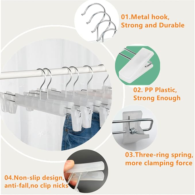Skirt Hangers 20 Pack, Pants Hangers with Clips，360 ° Swivel Hook Space Saving Hangersfor Pants, Skirts, Clothes, Jeans, Translucent - Image 4