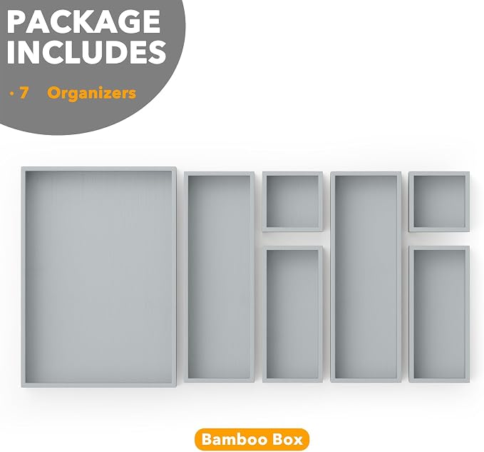 SpaceAid 7-Piece Bamboo Drawer Organizer Storage Boxes Set, Wood Tray Junk Drawer Organizers Multi-Use Divider Bins for Kitchen, Bathroom, Office Desk and Makeup Organization (7 Pack, Gray) - Image 6