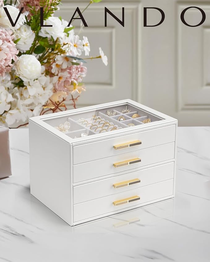 VLANDO Jewelry Box for Women, Glass Lid Jewelry Organizer with 4 Drawers for Necklaces Rings Earrings Bracelets Christmas Gift - White - Image 2