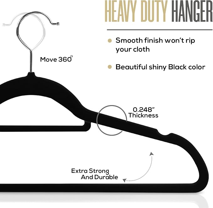 Utopia Home Velvet Hangers 100 Pack – Premium Non-Slip Slim Clothes & Coat Hangers with Tie Bar, Space-Saving Heavy Duty Design, 360° Swivel Hook – Black - Image 4