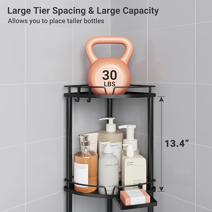 ELYKEN Corner Shower Caddy Standing, 4 Tier Rustproof Metal Shower Organizer with Soap Holder, Floor Shower Corner Shelf Rack Storage Stands with Adjustable Feet & 2 Hooks for Bathroom, Black - Image 5