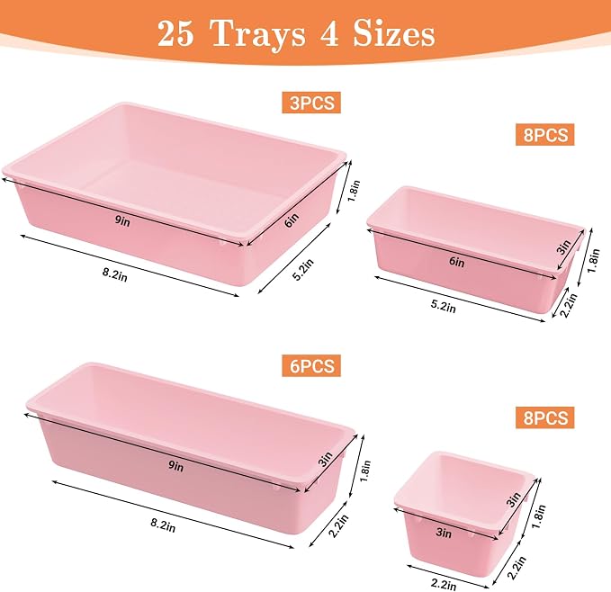 SpaceHacks 25 PCS Plastic Drawer Organizer Set, 4-Size Versatile Organizer Trays & Storage Bins for Makeup, Jewelry, and Gadgets in Bathroom, Bedroom and Office, Pink - Image 2