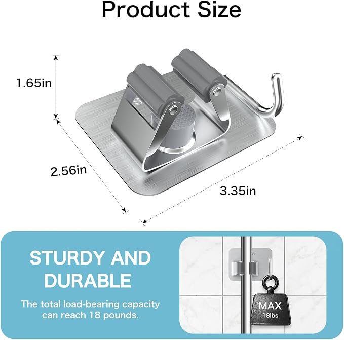 nacena 4 Pack No Drill Self Adhesive Broom Mop Holder Wall Mount with Hooks, Heavy Duty Stainless Steel Organizer for Kitchen Bathroom Garage Storage,Silver - Image 2