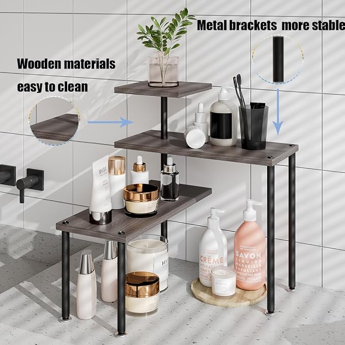 Countertop Organizer Organization 3 Tier Kitchen Corner Shelves Adjustable Spice Storage Rack for Bathroom Coffee Area Over Sink (Dark Gray Oak) - Image 4