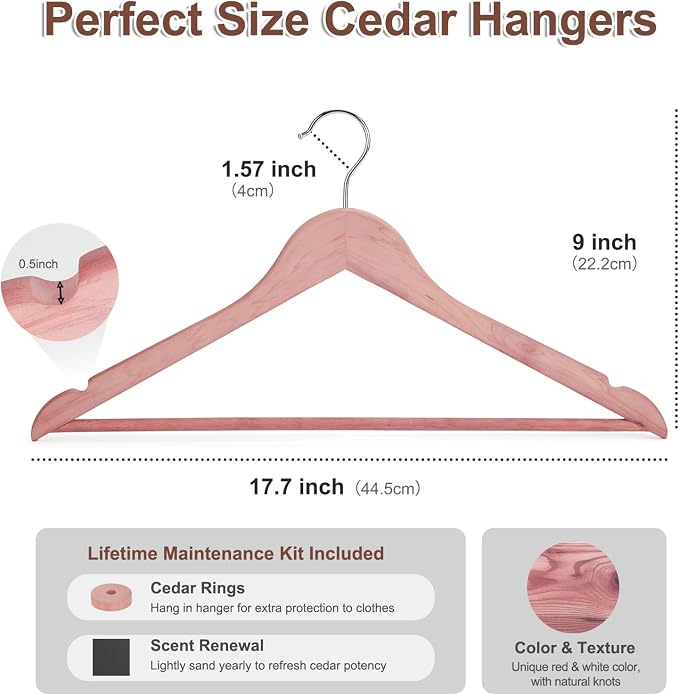 HOUSE DAY Cedar Hangers for Closet 30 Pack, Smooth Cedar Wood Hangers with Rings, 360° Swivel Hook, U-Shape Notched, Non Slip Pant Bar, Sturdy Wooden Clothes Hanger for Coats, Dresses, Suits - Image 9