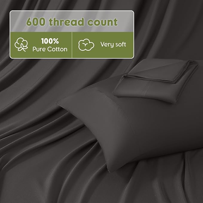 SONORO KATE 100% Egyptian Cotton Sheets Queen Size - 600 Thread Count, Luxury Hotel Sateen Weave Bedding Set, Soft Breathable Sheet Sets, 16" Deep Pocket - 4 PC(Dark Grey,Queen)