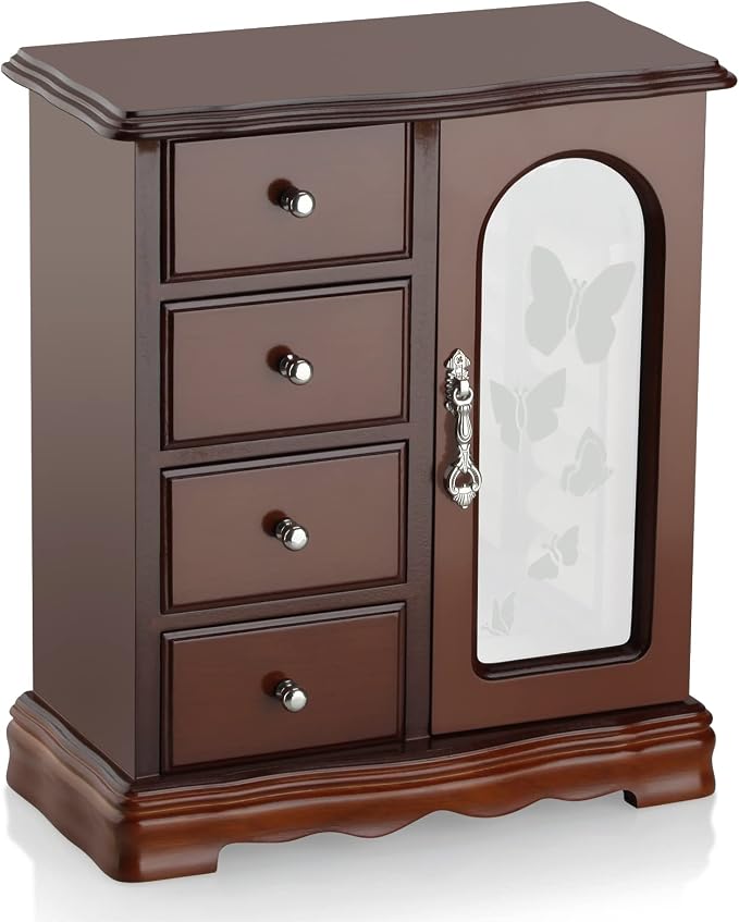 RR ROUND RICH DESIGN Jewelry Box - Made of Solid Wood with 4 Drawers Organizer and Built-in Necklace Carousel and Large Mirror Brown - Image 2
