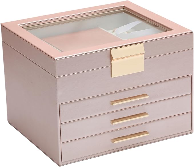 BOOVO Clear Lid Jewelry Box,3 Layers Jewelry Organizer Large Jewelry Storage Box with 2 Drawers,Jewelry Holder Organzier of Rings Earrings Necklace Bracelets for Women (Rose Gold, 4 Layer) by BOOVO