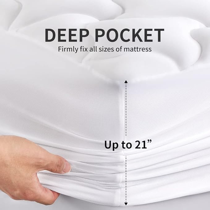 SLEEP ZONE Cooling Mattress Topper, King, White, Machine Washable, Deep Pocket, 120gsm Microfiber, Nanotex Cooling Fabric, 8-21 inch