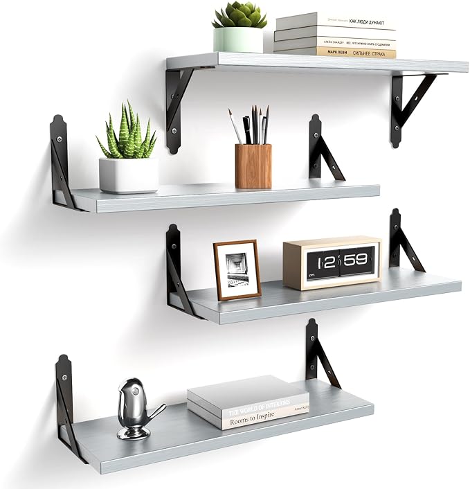 ROMGUAR CRAFT Wood Floating Shelves Set of 4, Rustic Storage Decor Wall Shelves, Wall Mounted Shelf for Living Room, Bedroom 17" x 6", Light Grey by ROMGUAR+CRAFT