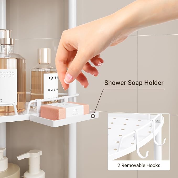 ELYKEN Corner Shower Caddy Standing, 4 Tier Rustproof Metal Shower Organizer with Soap Holder, Floor Shower Corner Shelf Rack Storage Stands with Adjustable Feet & 2 Hooks for Bathroom, White - Image 3
