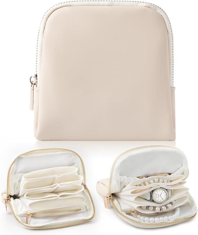 Genuine Leather Travel Jewelry Organizer Case Pouch Bags with Zipper, Small Mini Portable Jewelry Storage Bag for Ring Earrings Necklace Bracelet Travel Essentials Gift for Women（Beige） by NGVRC