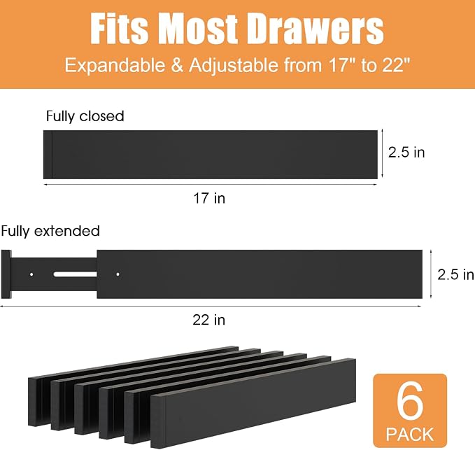 Bamboo Drawer Dividers,17-22" Adjustable Kitchen Drawer Organizer for Clothes,6 Pack Expandable Drawer Organization Separators for Bedroom,Bathroom,Dresser and Office,Black - Image 3