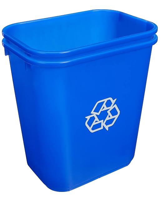 Amazon Basics Rectangular Commercial Office Recycling Wastebasket with Recycle Logo, Easy to Clean, 7 Gallon, Blue, Pack of 2 - Image 2