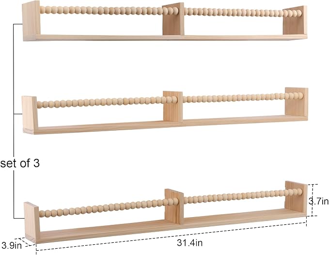 birola Nursery Book Shelves for Kids Rooms - 32 Inches Floating Wall Bookshelves Set of 3, Space-Saving Nursery Shelves with Beads Design for Kids Room, Bedroom and Study Room(Natural) - Image 3